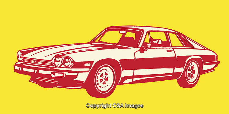 Vintage Red Line Art Illustration of a Classic Sports Car on Yellow Background