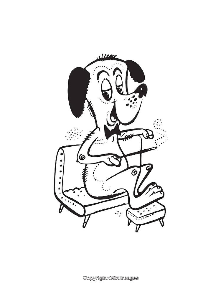 Cartoon Dog Performing Needlework on a Vintage Sofa