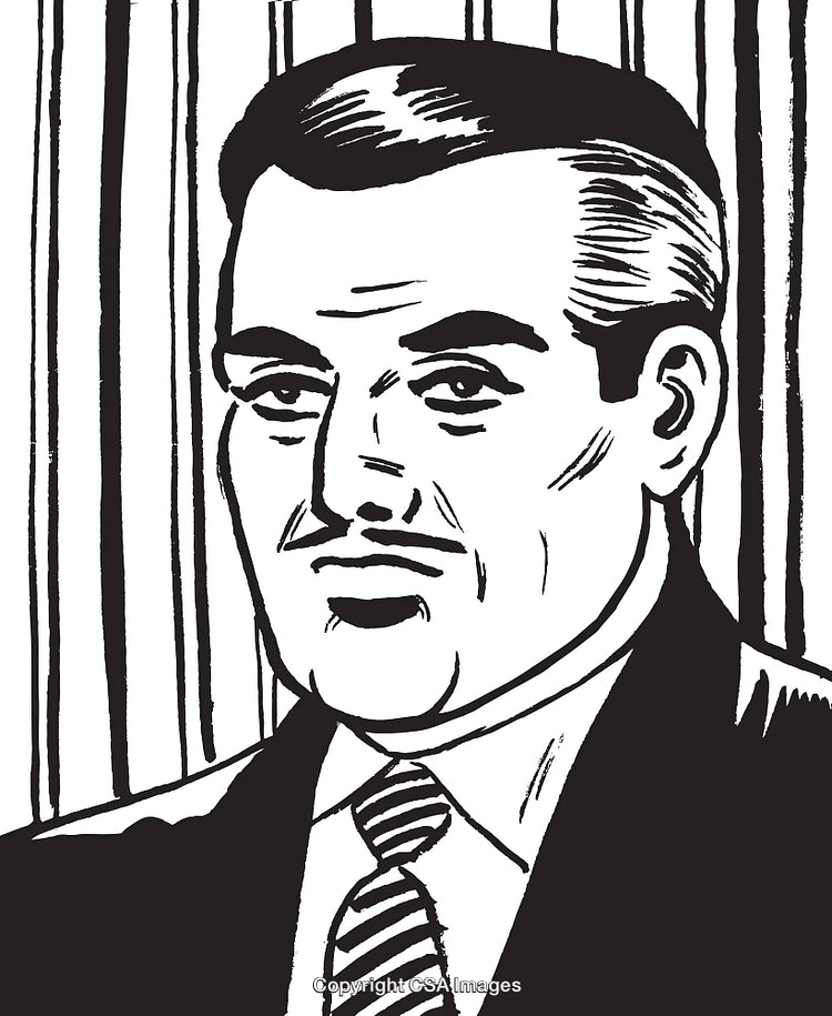Vintage Black and White Drawing of a Well-Dressed Gentleman with Mustache