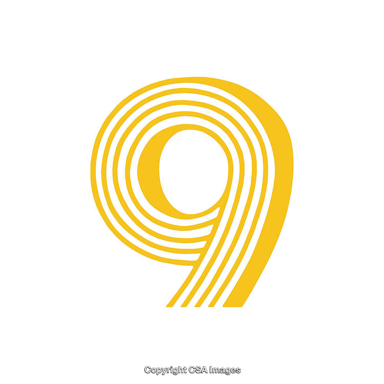 Stylized Yellow Number Nine Design with Decorative Lines on White Background
