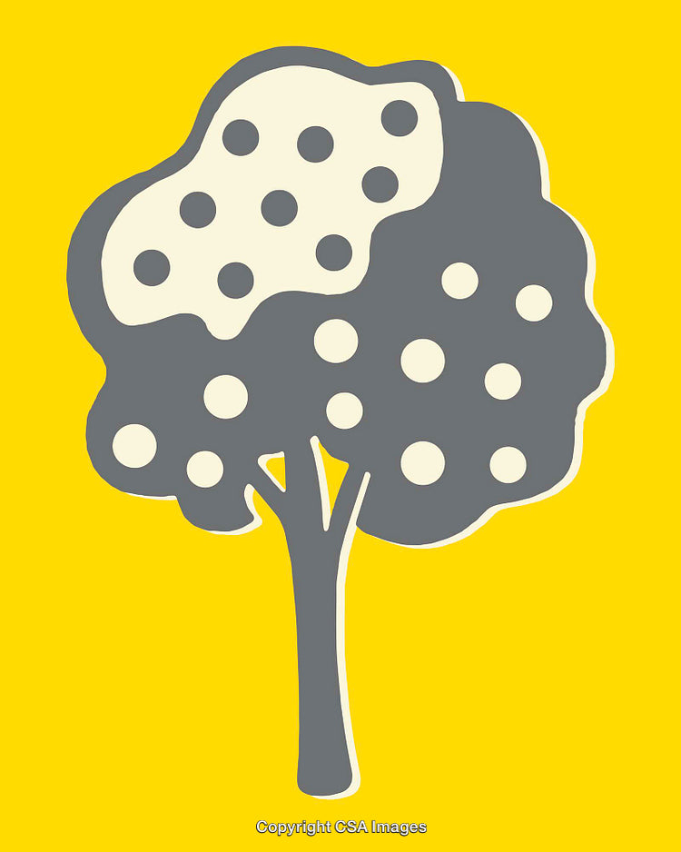 Colorful Tree Illustration with Vibrant Yellow Background and Artistic Patterns