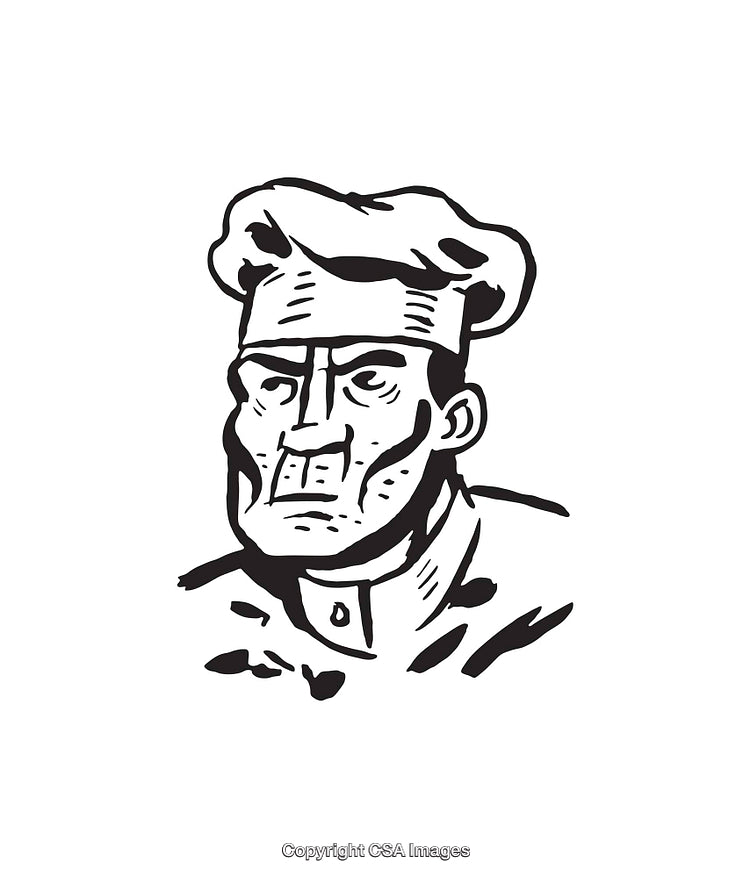 Black and White Line Art of a Chef in Traditional Hat and Attire