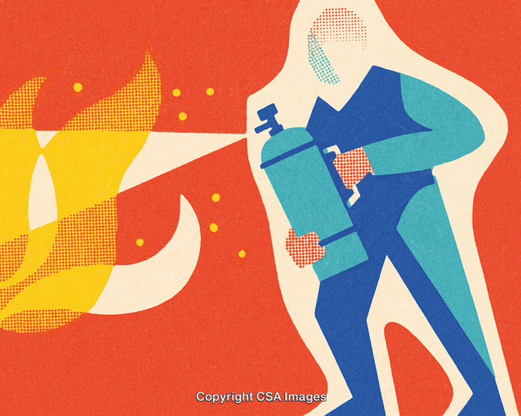 Graphic of a Firefighter Extinguishing Flames in a Retro Art Style