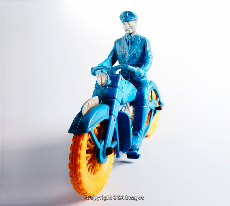 Blue Plastic Toy Police Motorcycle with Vibrant Yellow Wheels