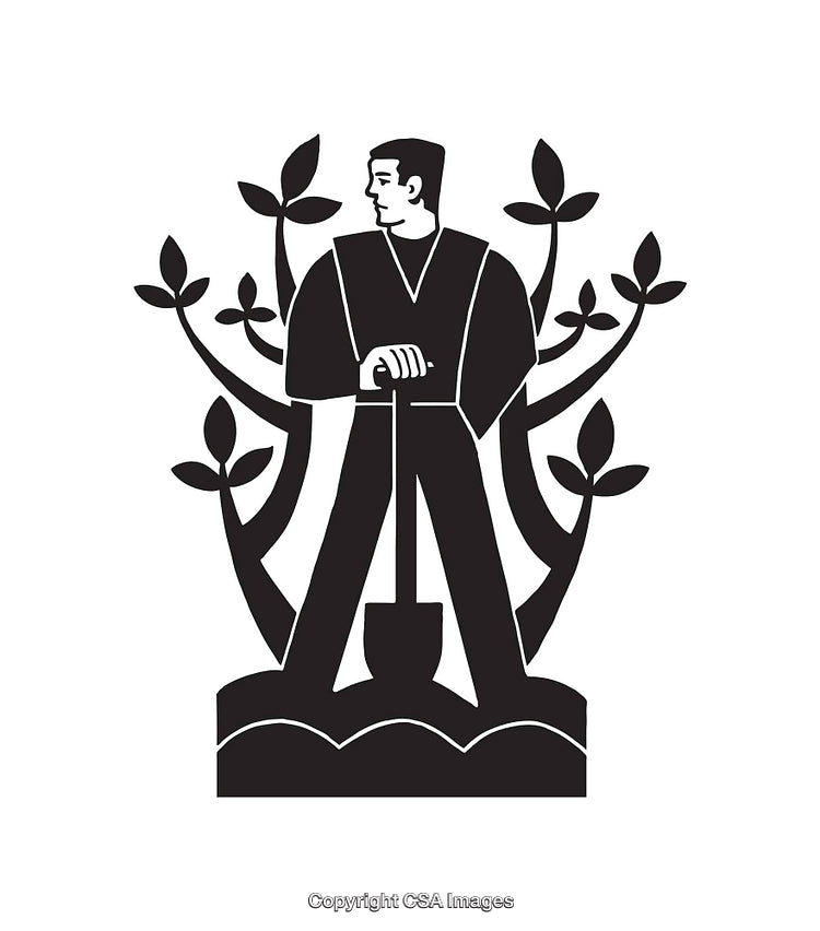 Black and White Farmer Illustration with Plants and Tools