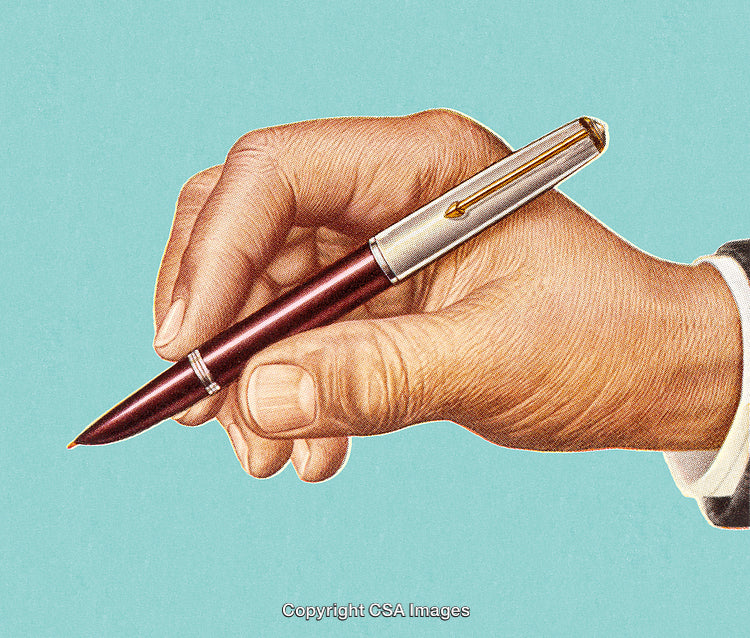 Close-Up of Hand Holding an Elegant Parker Fountain Pen on Blue Background