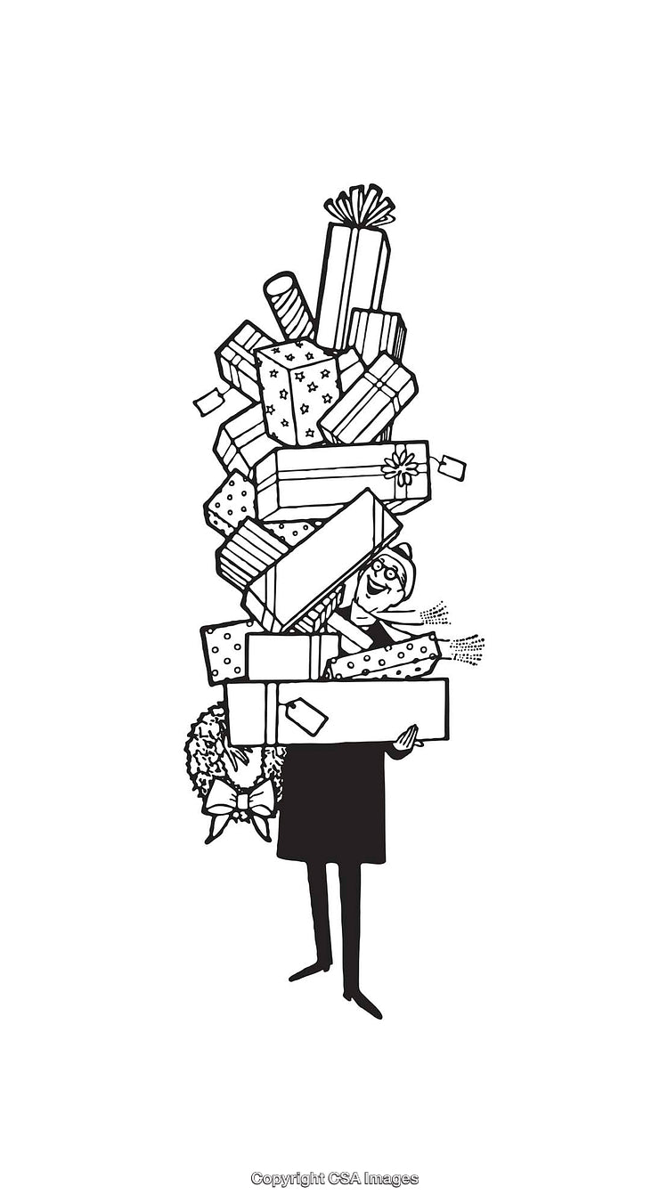 Black and White Line Art of a Person Balancing Stacked Gifts