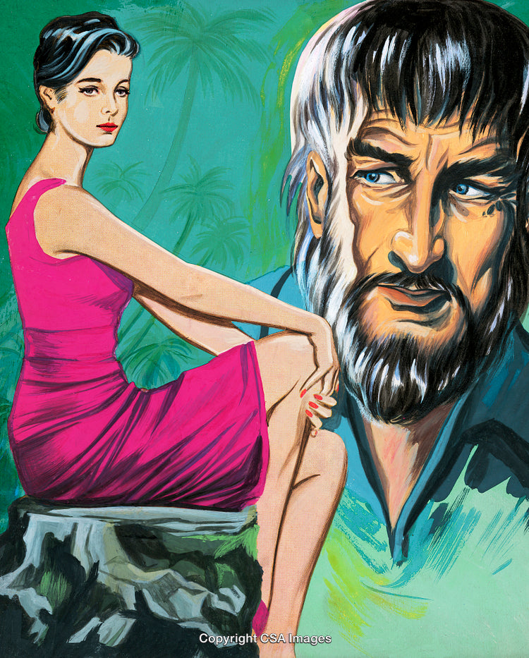 Vintage Painting Depicting a Woman in Pink Dress and a Bearded Man Illustratively