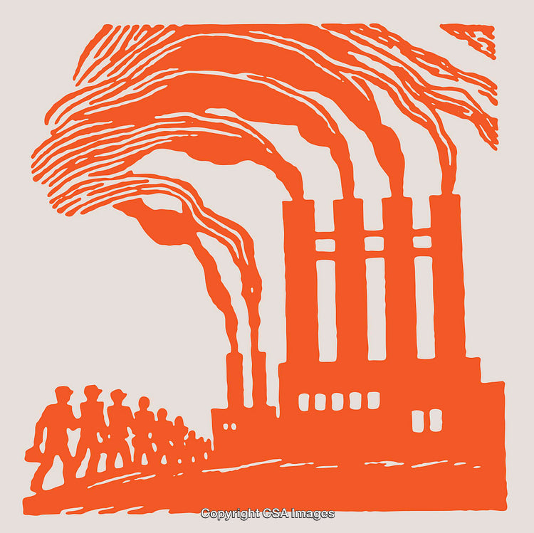 Industrial Workers Marching Toward Building with Smokestacks Illustration