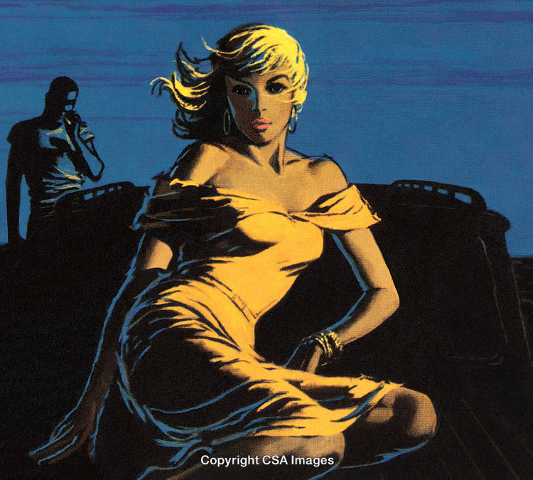 Stylized Artwork Featuring a Woman in Golden Dress Against a Mysterious Backdrop