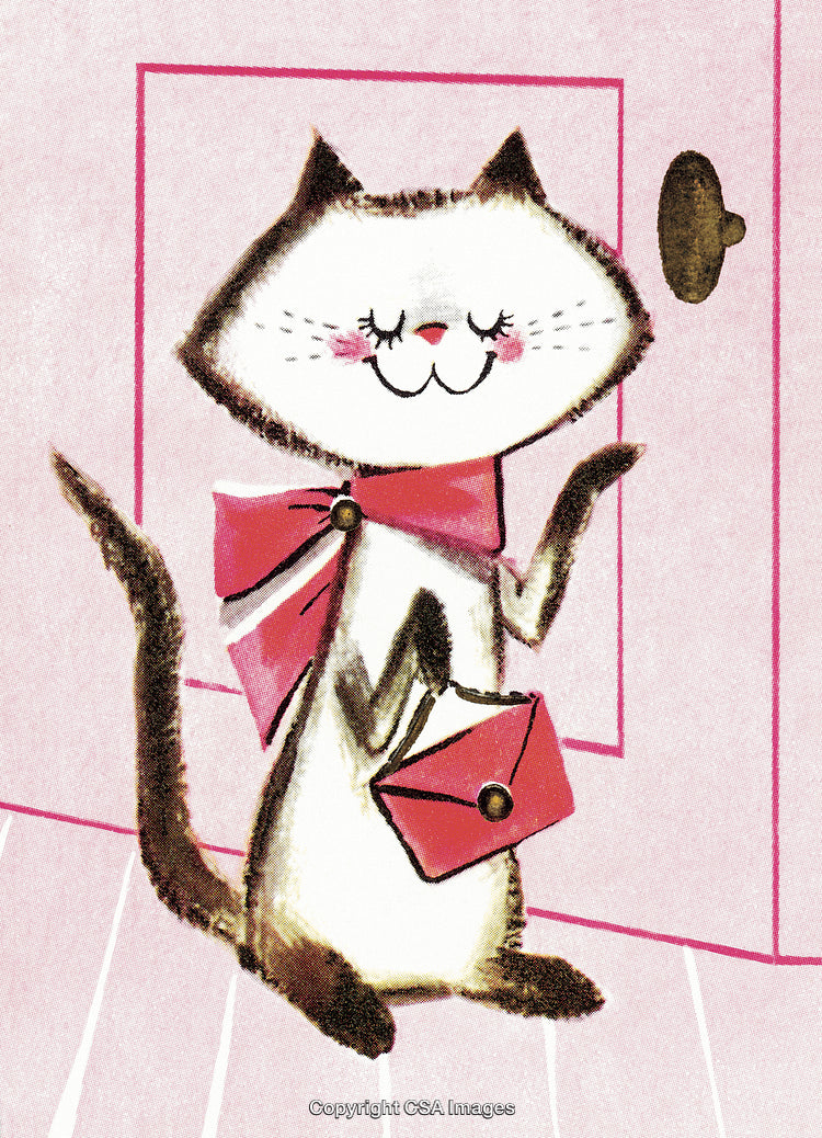 Adorable Cartoon Cat with a Pink Bow and Purse by the Door