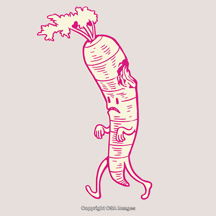 Cartoon Illustration of a Sad Anthropomorphic Carrot Walking in Pink Line Art