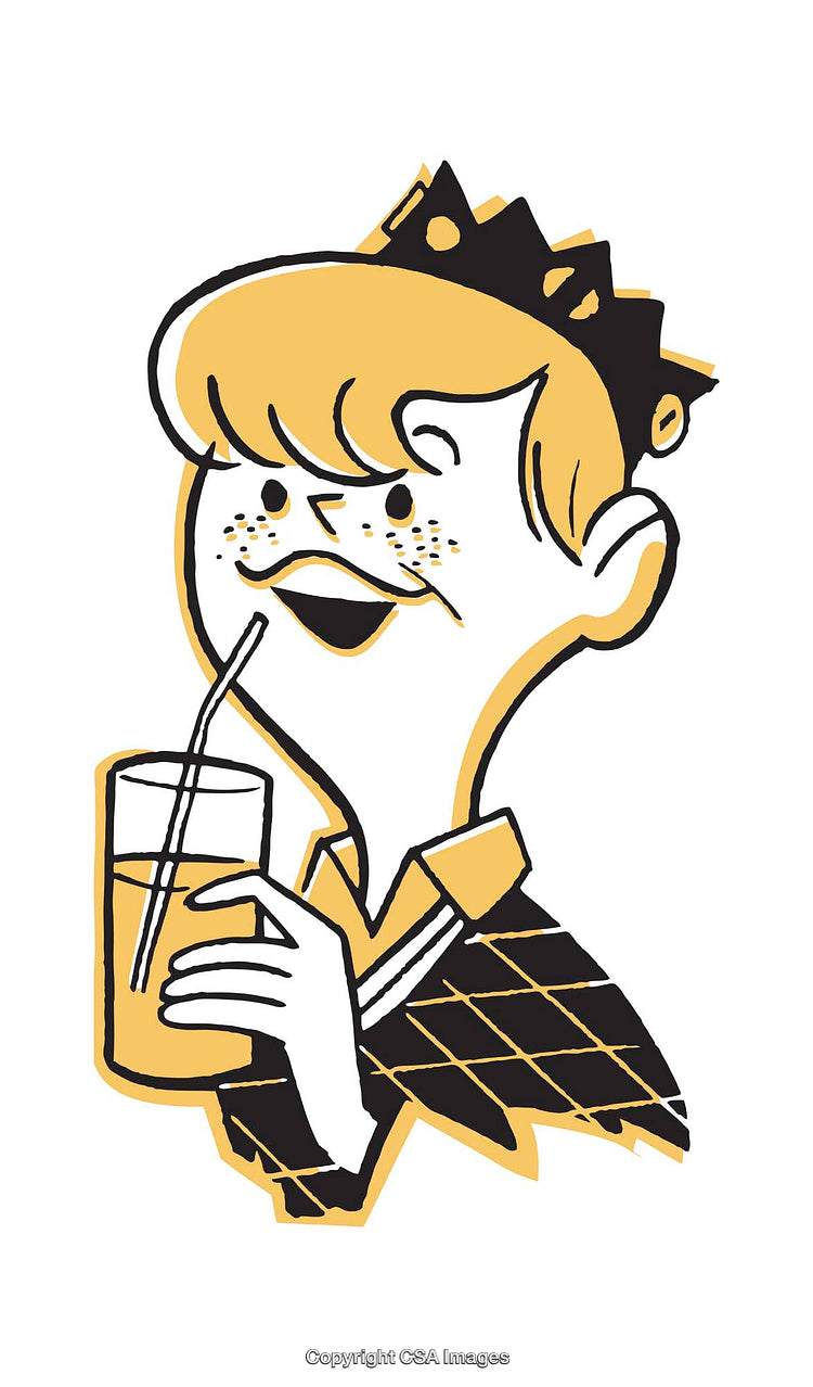 Playful Cartoon Boy with Drink and Crown
