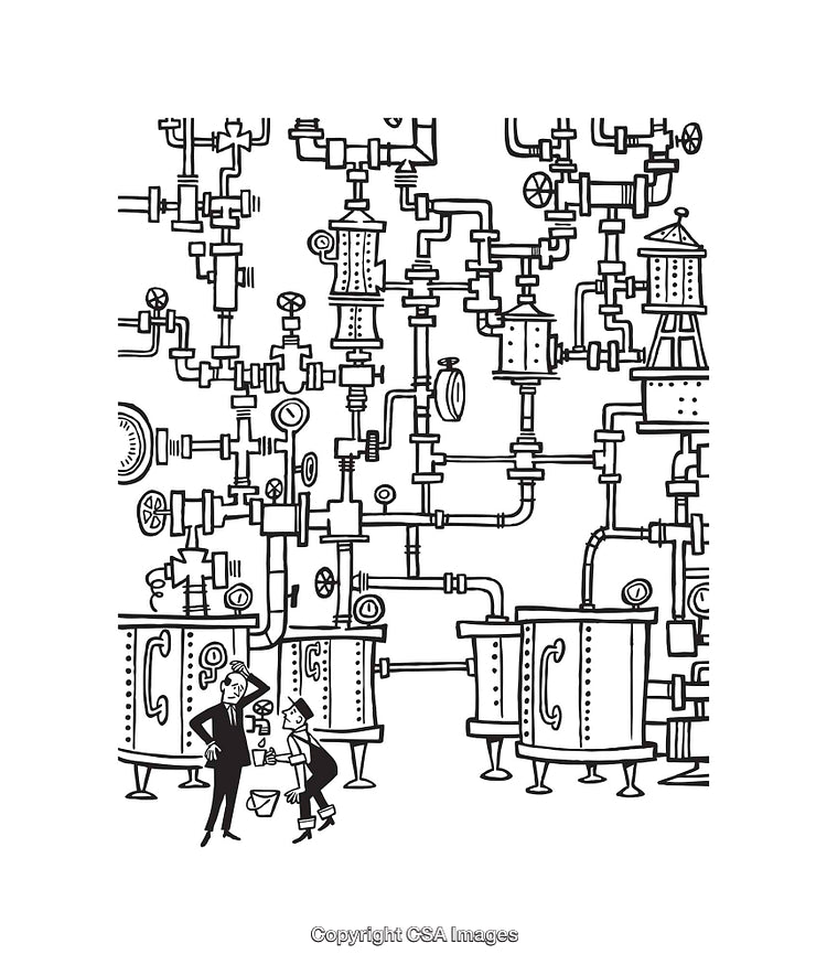 Intricate Industrial Line Art Illustration with Detailed Machinery and Pipes