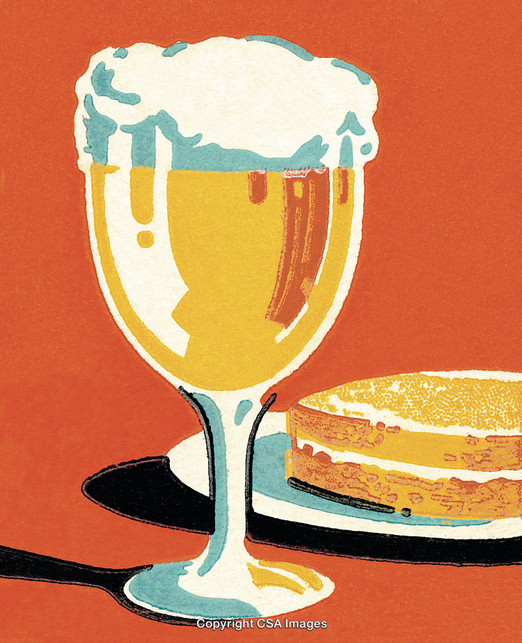 Glass of Beer and Slice of Cake on Decorative Background