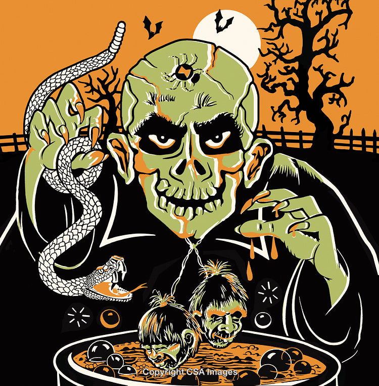 Scary Halloween Illustration Featuring Monster, Severed Heads, and Spooky Background