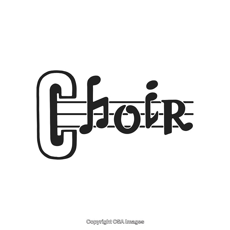 Stylized Choir Text Rendering Featuring Music Notes on White Background