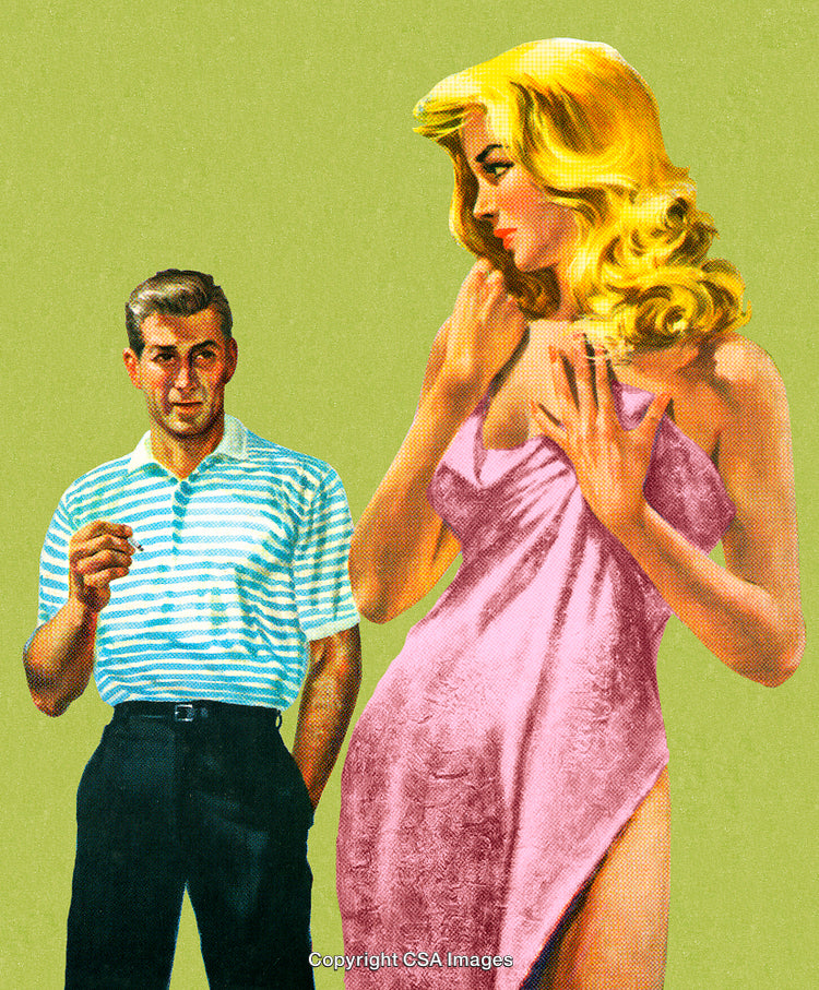 Vintage Illustration of a Glamorous Woman and a Thoughtful Man in Conversation