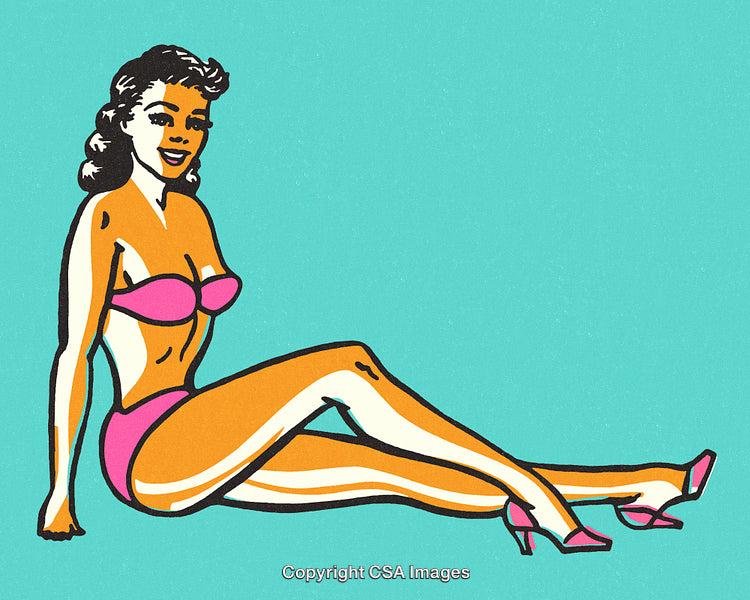 Retro Pin-Up Style Artwork of a Woman Posing in Vibrant Swimwear
