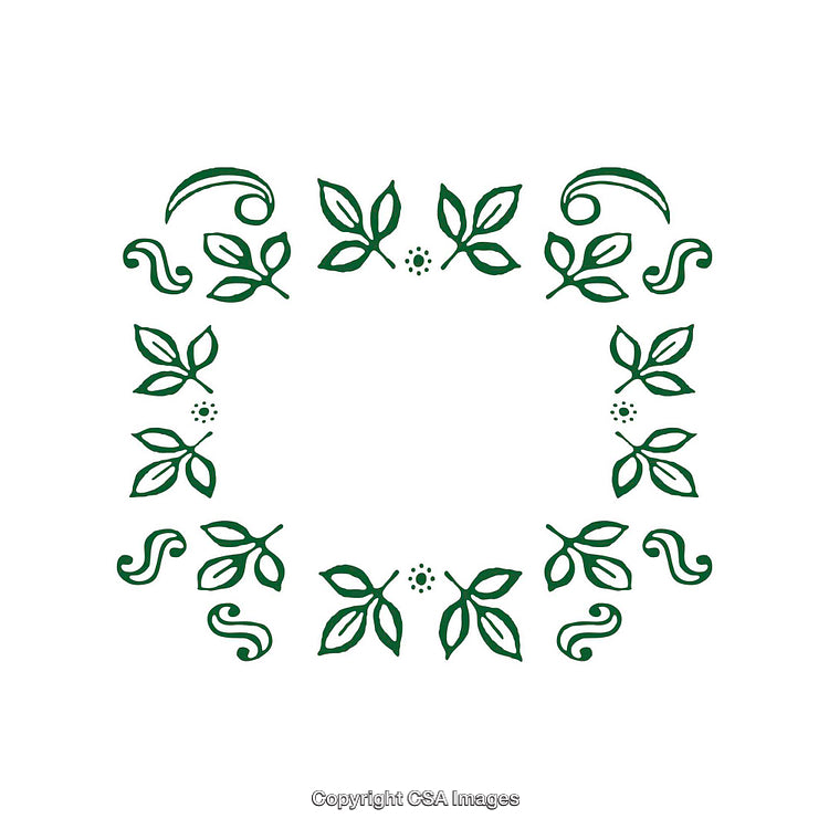 Ornamental Green Leaf Border with Decorative Swirls on a White Background