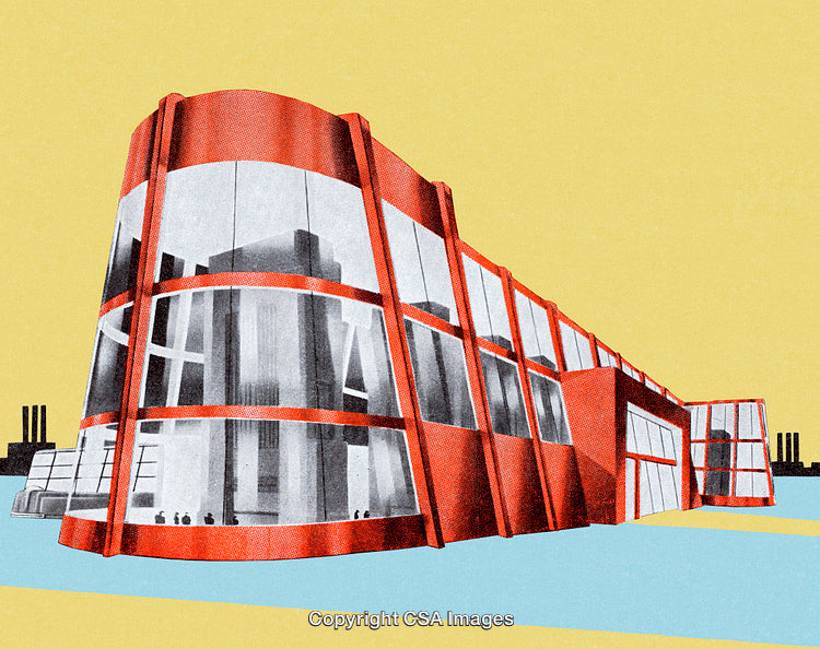 Modern Architectural Structure with Vibrant Red Facade and Abstract Design Elements