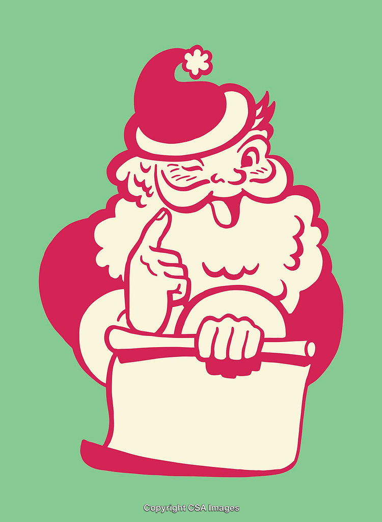 Vintage Santa Claus Illustration with a Scroll on a Green Background