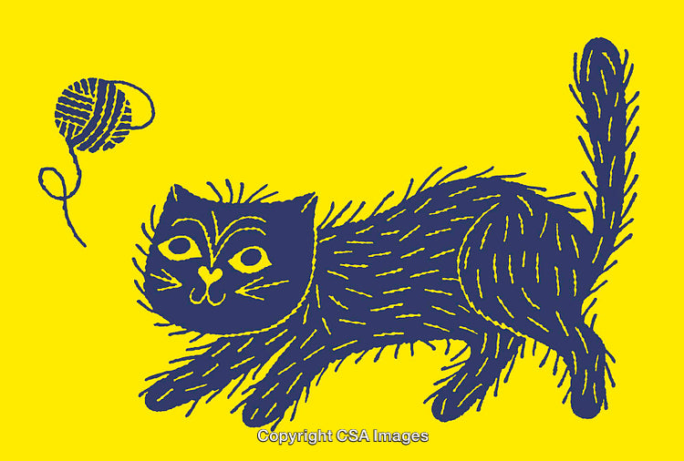 Playful Cat with Yarn Ball in Vibrant Yellow Line Art