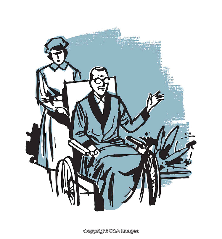 Nurse Assisting Elderly Man in Wheelchair with Pleasant Expression Outdoors