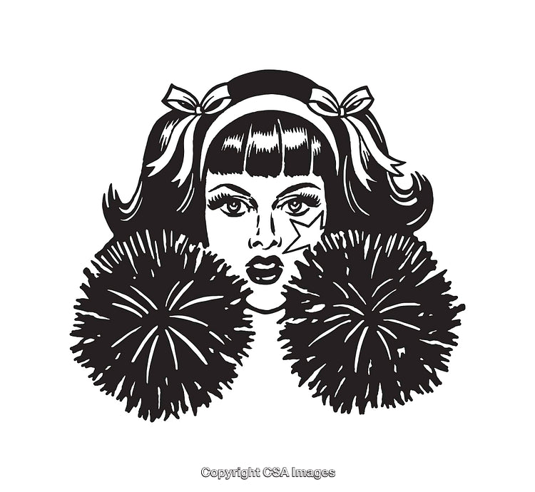 Black and White Illustration of a Cheerleader with Pom-Poms