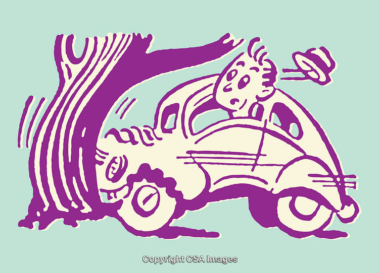 Cartoon Illustration Displaying Comical Car Accident Against a Tree