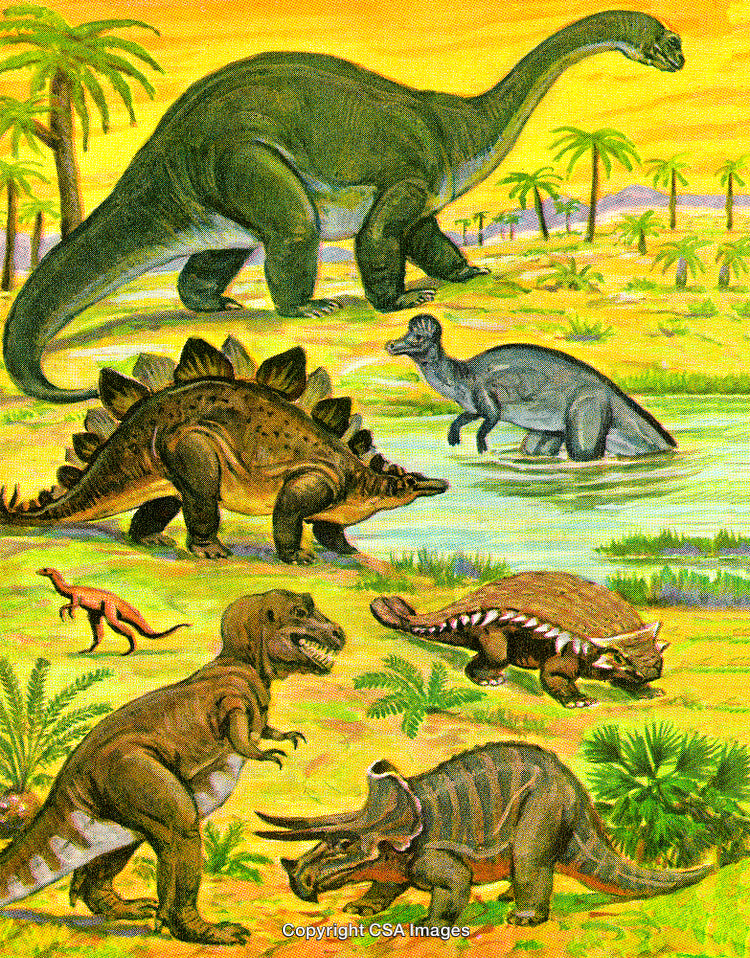 Dinosaurs Roaming Prehistoric Landscape With Vibrant Vegetation and Yellow Sky