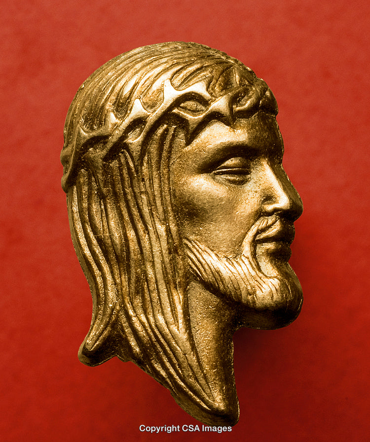 Golden Plastic Sculpture of Sacred Religious Figure with Crown on Red Background