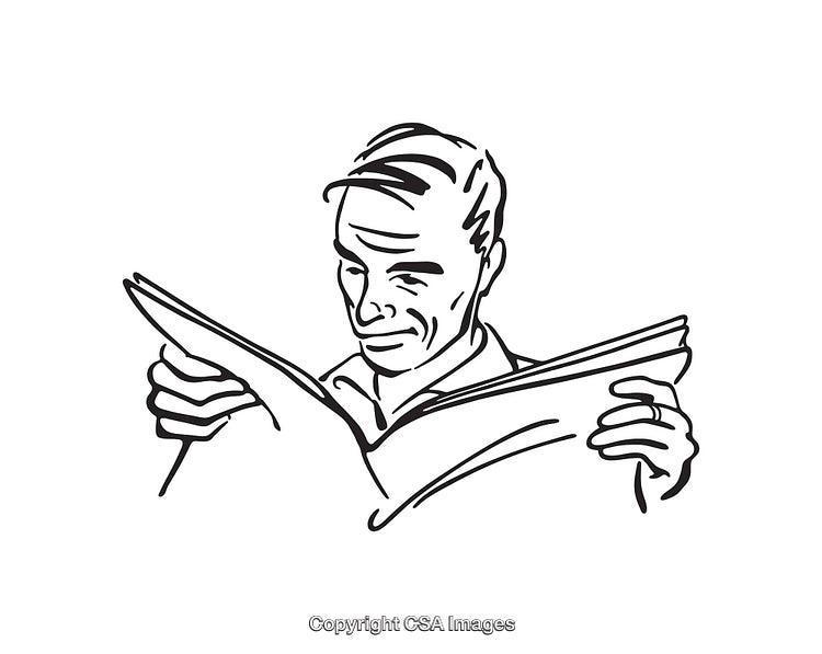 Black and White Line Art of a Man Reading a Newspaper