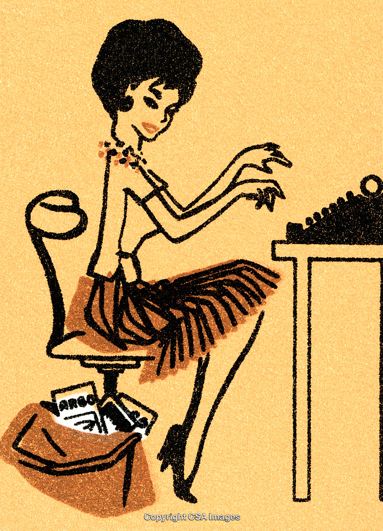 Vintage Illustration of a Woman Typing on a Typewriter at Her Desk