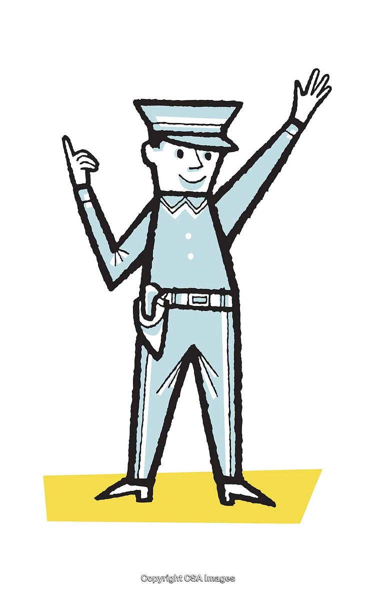 Hand-Drawn Illustration of a Cheerful Police Officer Signaling with a Smile