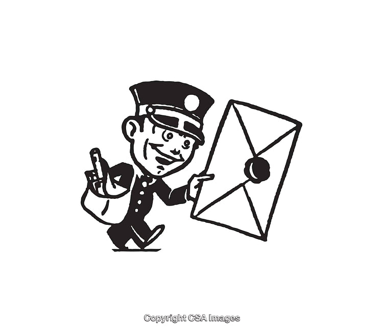 Vintage Black And White Illustration of Mailman Carrying Envelope