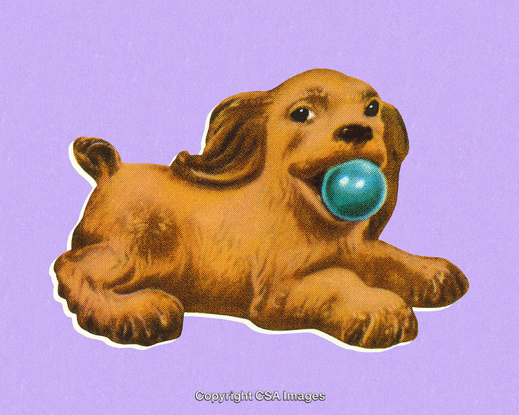 Vintage Style Dog Figurine Holding Blue Ball on Purple Background