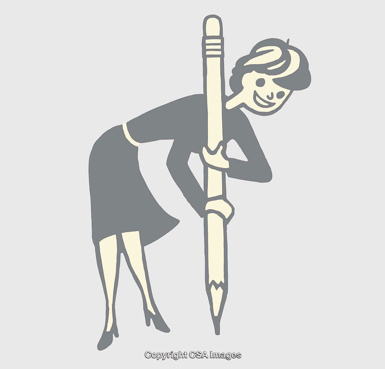 Cartoon Illustration of a Woman Holding a Large Pencil