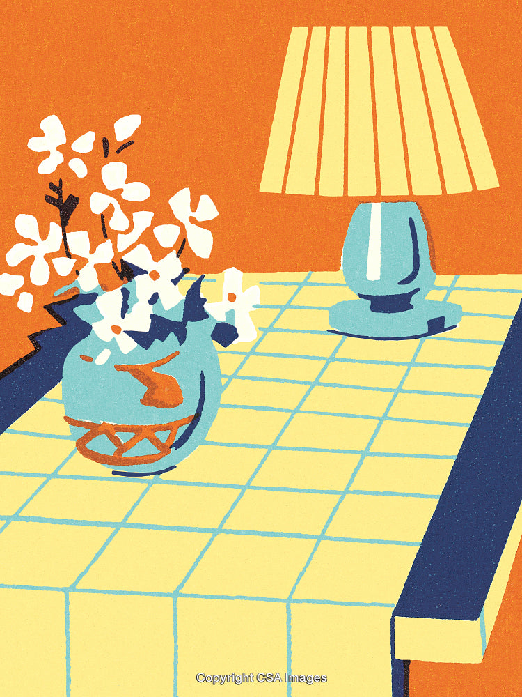 Still Life Illustration with Lamp, Flowers, and Vase on Checkered Tablecloth