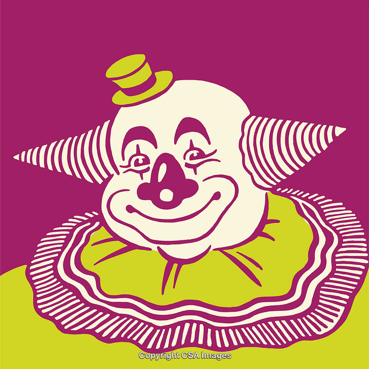 Colorful Vintage-Style Clown Illustration with Hat on Bright Contrasting Background