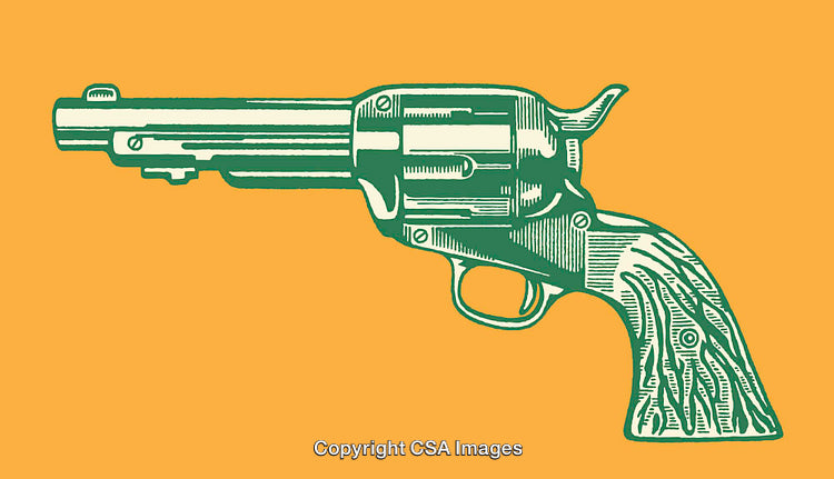 Vintage Green Revolver Line Art on Vibrant Yellow Background