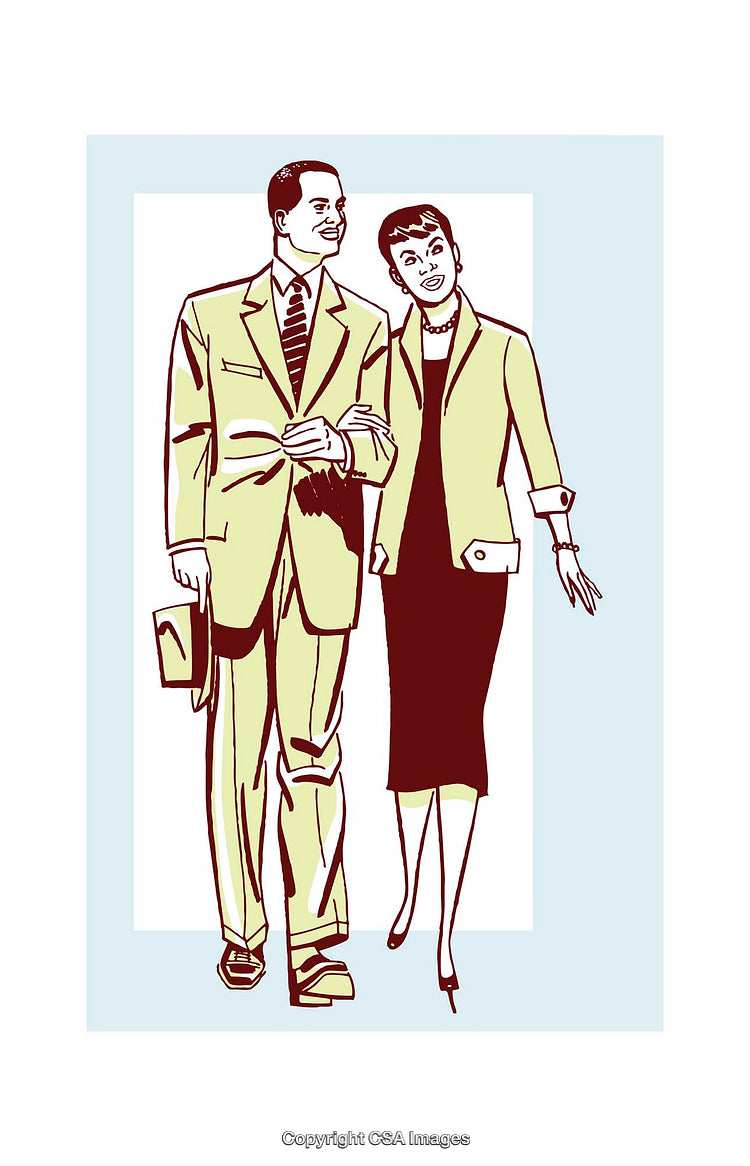 Vintage Illustration of a Happy Couple in Elegant Attire Walking Together