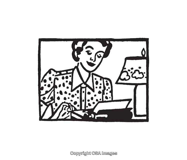 Vintage Black And White Illustration of a Woman Writing at a Desk