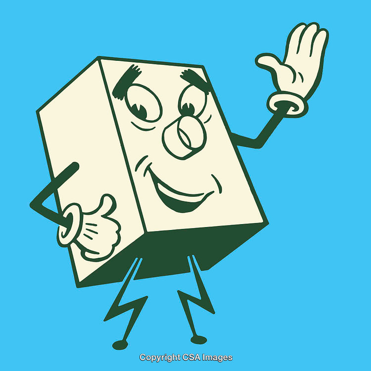 Cheerful Cartoon Block Character with Friendly Expression Waving Hello on Blue Background