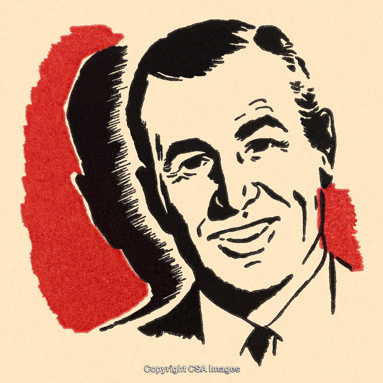 Retro Stylized Smiling Gentleman Illustration with Red and Black Elements
