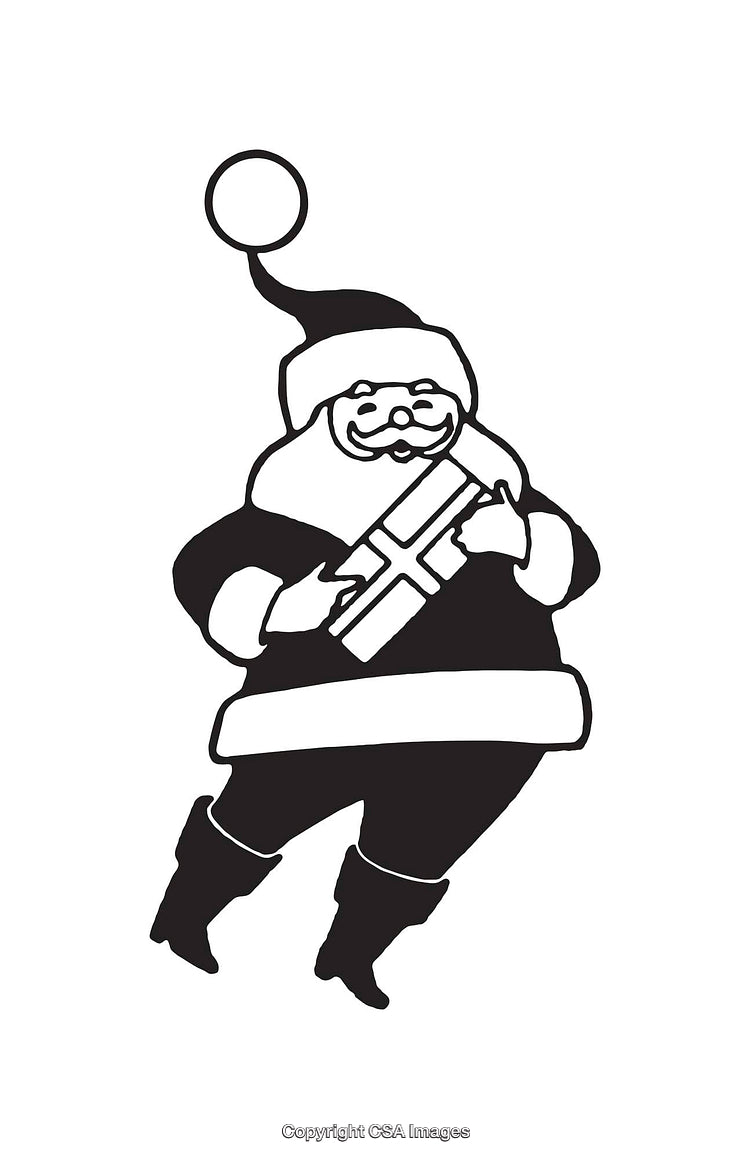 Black and White Line Art Illustration of Santa Claus Holding a Gift Box