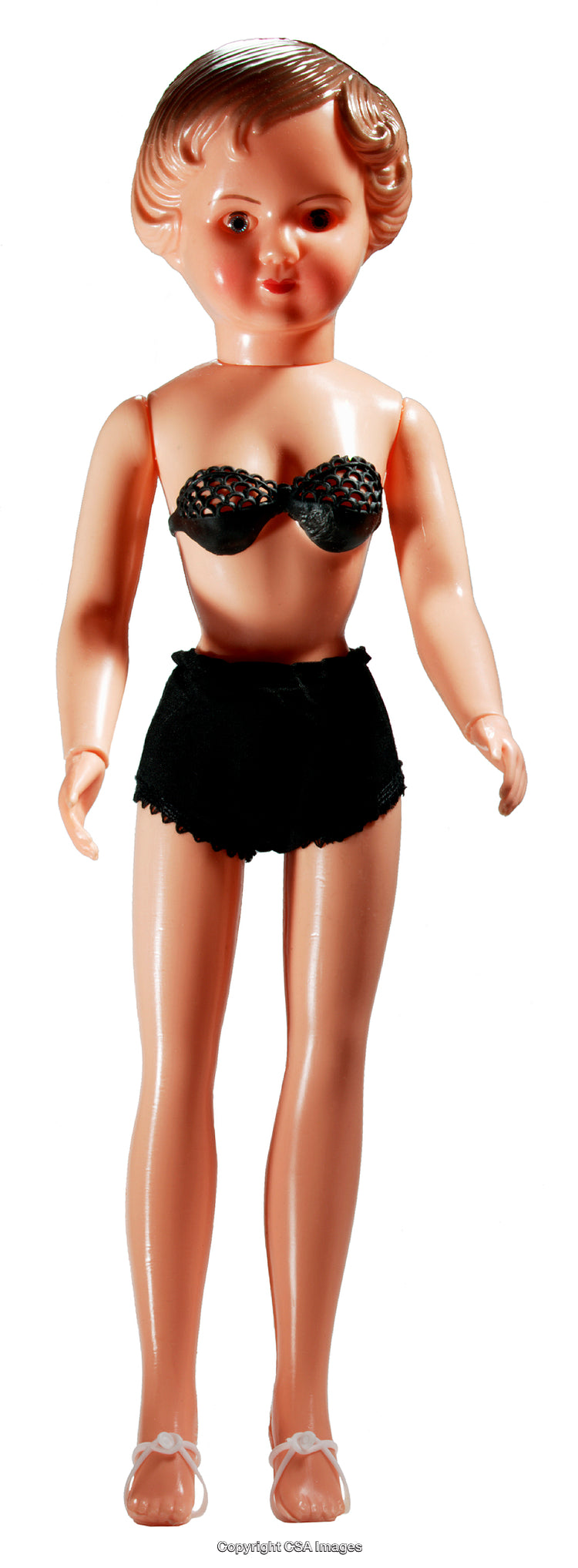 Vintage Plastic Doll in Black Retro Style Swimsuit on White Background