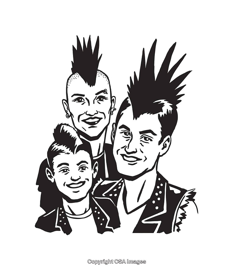 Black and White Line Art of a Punk Family Illustration