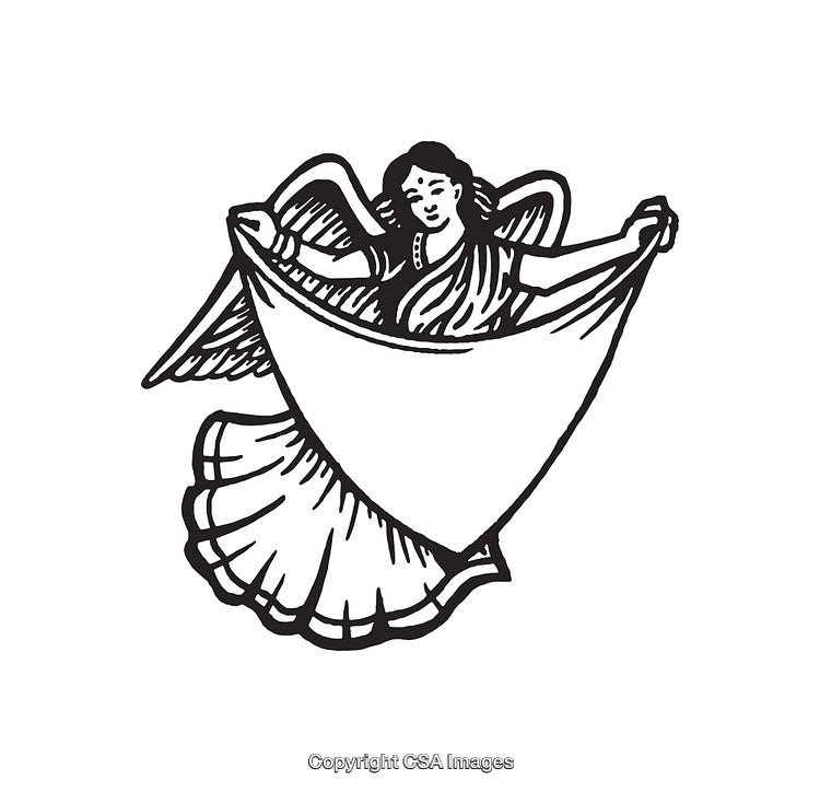Black and White Angel Illustration Holding Fabric in Elegant Pose