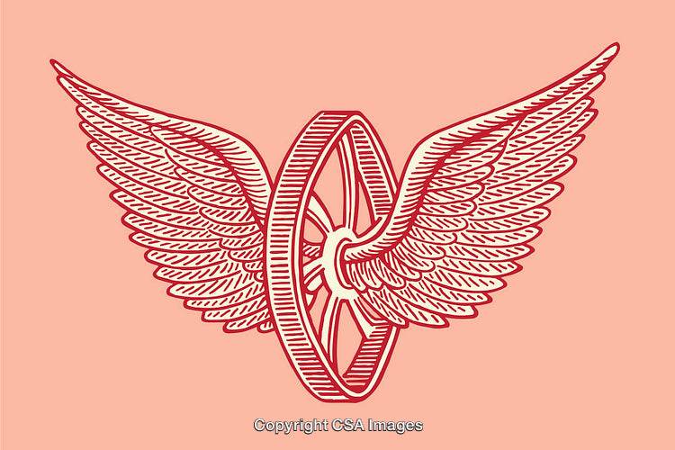 Vintage Winged Wheel Illustration in Red Line Art Style